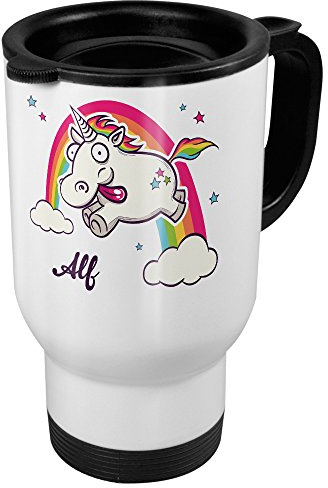 printplanet Thermobecher weiß mit Namen Alf - Motiv Verrücktes Einhorn - Coffee to Go Becher, Thermo-Tasse
