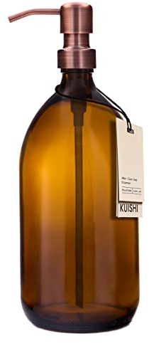 Kuishi Amber Glass Pump Bottle with Stainless Steel Pump [1000ml Bronze], Amber Glass Soap Dispenser Refillable Brown Glass Bottles Ideal of Handwash, Shampoo, Conditioner, Shower Gel (BPA-Free)