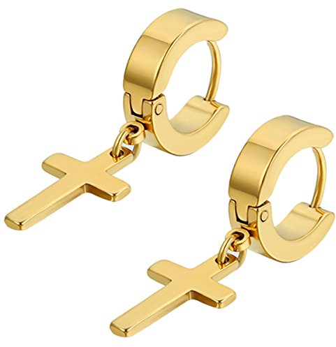 Flongo Herren Ohrstecker Creolen Damen Ohrringe, Edelstahl Ohrstecker Ohrringe Gold Golden Stecker Runden Kreuz Anhänger Jahrgang Männer, Frauen