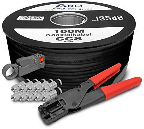 ARLI HD Sat Kabel 100 m Koaxialkabel 135 dB Koaxial 5-fach geschirmt inkl. Kompressionszange Kabelmesser 50 x F Kompressionsstecker Satkabel TV Antennenkabel Koax 4K schwarz