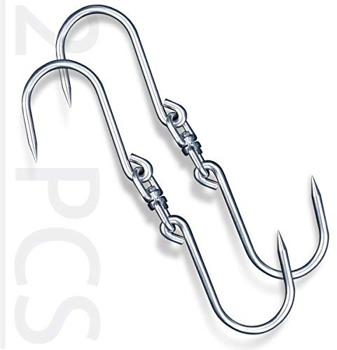 2 ganchos giratorios para carne, resistentes ganchos dobles de acero inoxidable para carnicero, ideal para animales grandes, pesca, caza, gancho para colgar en el casco, gancho de tocino