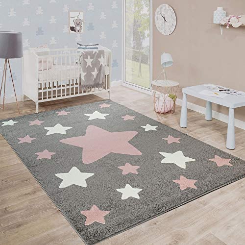 Paco Home Kinderteppich, Moderner Kinderzimmer Teppich in Pastell Farben m.Stern Motiven, Grösse:160x220 cm, Farbe:Grau
