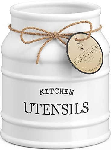 Barnyard Designs Porte-ustensiles en céramique pour comptoir de cuisine, décoration de comptoir rustique, organisateur de campagne française pour ustensiles de cuisine, blanc, 15 x 17 cm
