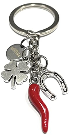 Porte-clés en acier corne porte-bonheur et pendentif en forme de corne de cheval. Fabriqué en Italie