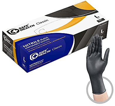 Safe Health Nitrile Disposable Gloves Large Latex Free Powder Free, Textured, 3.5 mil, Multi-Purpose Food Safe, Industrial, Tattoo, Salon, Hair, Auto, Car, Cleaning, Pet, Cooking L Black (Box of 100)