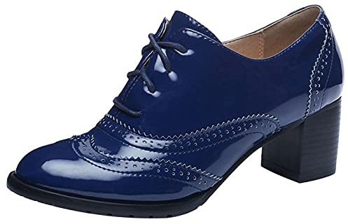 Lizoleor Mujer Oficina Cordones Clásica Tacón Ancho Charol Vestido Brogue Pump Closed Toe Formal Trabajo Tacón Medio Retro Oxford Azul Talla 35 EU