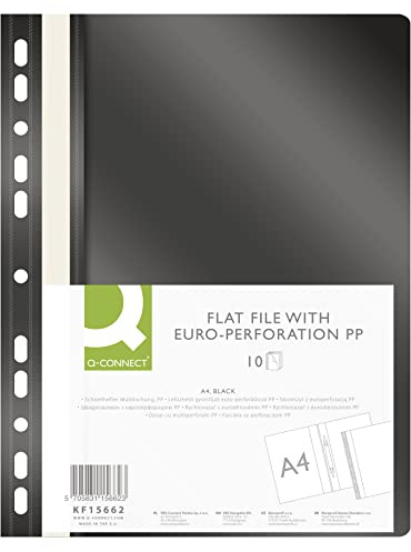 Q-CONNECT KF15662 Plastic File Folder A4 Black/Pack of 10 / Plastic Folders/Perforated Staplers with Labelling Strips/with Transparent Cover/with Perforated Holes/Euro Holes