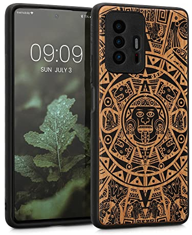 kwmobile Hülle kompatibel mit Xiaomi 11T / 11T Pro Hülle - Holz Case - Handy Cover - TPU Handyhülle in Hellbraun Schwarz Maya Kalender Art