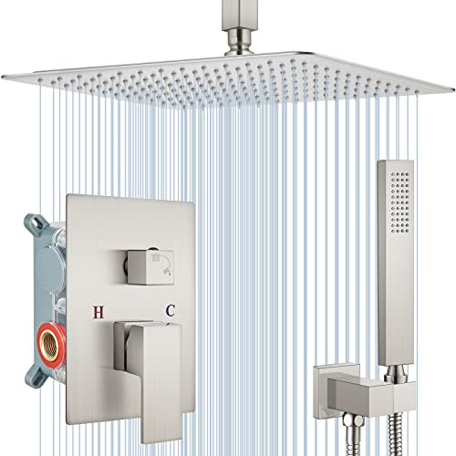 Midanya 16 Inch Square Rain Shower Head & Handheld Combo Set, Brushed Nickel, Wall Mount, Includes Rain Shower Head, Valve Control, Handheld, Hose, Head Arm, Bracket Holder & Instructions