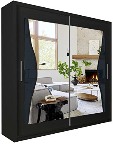 MN Furniture Modern Double Sliding Door Wardrobe 2 Mirrored Hanging Rails & Shelves Storage Cabinet for Bedroom (180cm, Batumi Black)