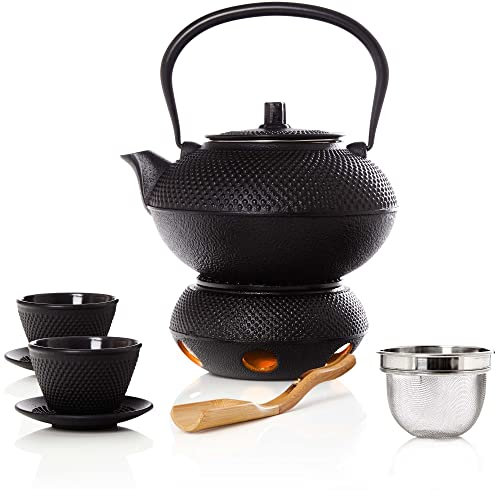 Bonvivre Service à thé 8 pièces en Fonte émaillée - pour 2 Personnes | Service à thé de Style Asiatique avec théière (1,4 L), théière, Tasses, soucoupes, cuillères à mesurer, Tamis