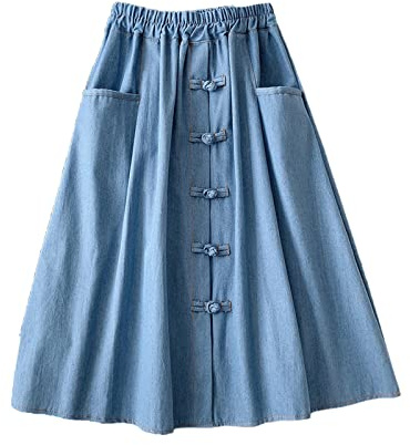 Damen Sommer Vintage Denim Midirock A-Linie Hohe Taille Knielang Jeansrock mit Tasche, hellblau, Einheitsgröße
