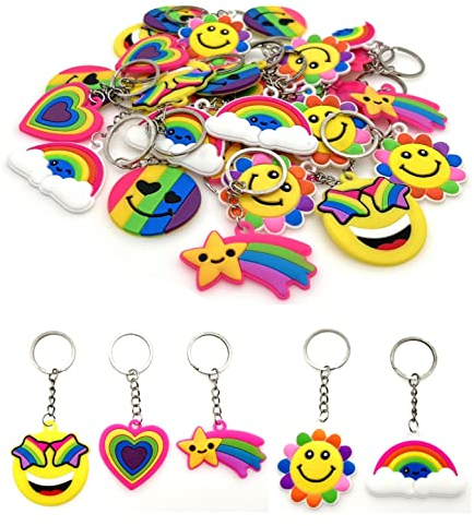 JZK 30x Silicone Arc-en-Ciel porte-clés pour enfants, porte clés Visage Souriant pour cadeaux d'anniversaire pour enfants, remplisseurs de sac fête enfants, cadeau de remerciement pour fête d'enfants