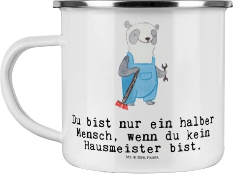 Mr. & Mrs. Panda Camping Emaille Tasse Hausmeister Herz - Geschenk, Kollege, Outdoor Tasse, Rente, Dankeschön, Concierge, Camping Becher, Facility