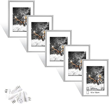 Dmyifan 5er Bilderrahmen 10×15 cm Silber Set, Fotorahmen mit Plexiglas, Hoch- und quer aufhängbarer Rahmen für Fotos. Portraits | Picture Frame