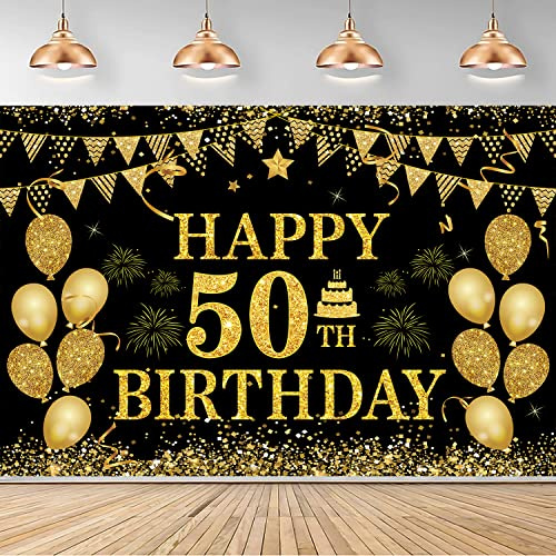 Dekoration zum 50. Geburtstag für Männer und Frauen – Happy 50th Birthday Banner Party Dekorationen Schwarz Gold 50 Jahre Geburtstag Party Zubehör Hintergrund für Zuhause Outdoor Geburtstagsdekoration