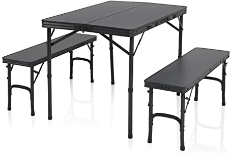 Campart Picknicktisch-Set Maine – 2 Sitzbänke und EIN Tisch – Zusammenklappbar – Für 4 Personen – Max. 110 kg pro Bank – Stahl – Anthrazit – TA-0870
