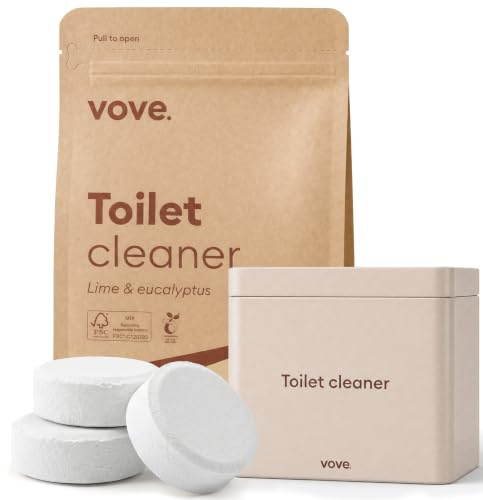Vove Probiotic Toilet Bowl Cleaner Tablets Starter Set with Tin, 12 Count - Lime Eucalyptus, Citric Acid + Oxygen Bleach, Removes Limescale & Hard Water, Plant-Based, Septic Safe, Plastic-Free
