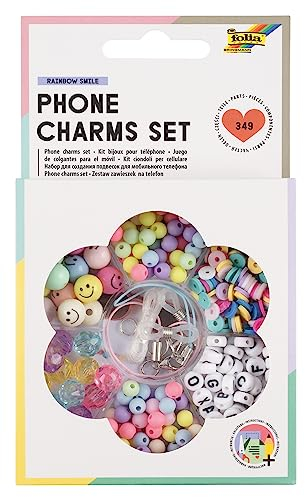folia 32029 - Phone Charms Set Rainbow Smile, Set de Perles avec boîte de Rangement, 349 pièces avec Perles Mini-Disc, Perles Smiley, pendentifs etc.