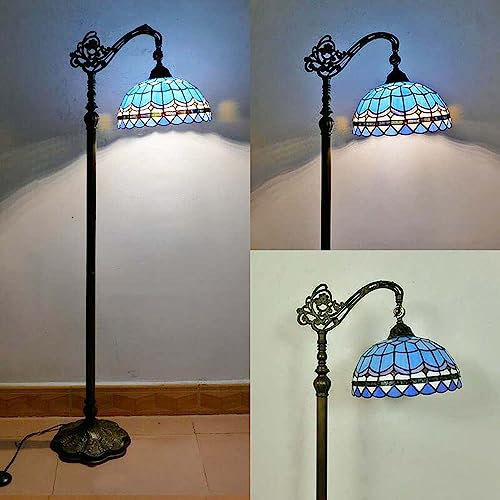 Vintage Tiffany Style Salon Lampadaire Libellule Chambre à coucher luminaire sur pied Avec Interrupteur Décoration Ancienne Lampe de sol Abat-jour en verre Studyroom lampe de lecture E27 MAX40W (E)