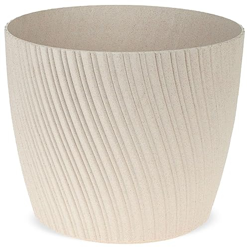 Matches21 Cache-pot rond en plastique et bois – Pot de fleurs minimaliste rainuré en blanc – Grand pot de fleurs pour plantes d'intérieur Ø 26 cm