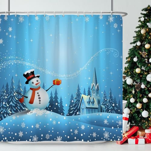 Ttincceer Weihnachts-Schneemann-Duschvorhang 180x200cm Cartoon-Schneemann-Wald-Schneeszene Wasserdicht Badezimmerdekoration mit Haken Festliche Badewannenvorhänge