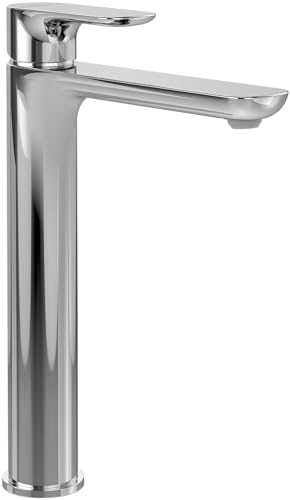 Villeroy & Boch O.novo Waschtischarmatur erhöht, Wasserhahn Bad mit Push-Open-Ablaufgarnitur und Keramikkartusche, Waschbeckenarmatur wassersparend, Auslauf Höhe 240mm, rund, Chrom