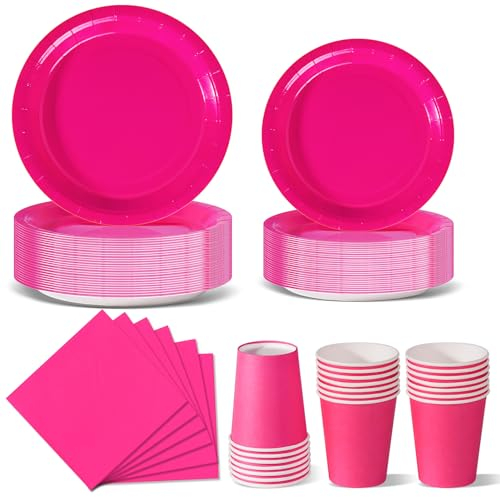 Nkaiso Anniversaire Vaisselle de fete 96 Pièces Rose Party Assiettes en Papier Set Assiettes de Fête Jetables Papier Tasses Serviettesr, pour Barbecue les Fêtes les Pique-niques -24 Invités
