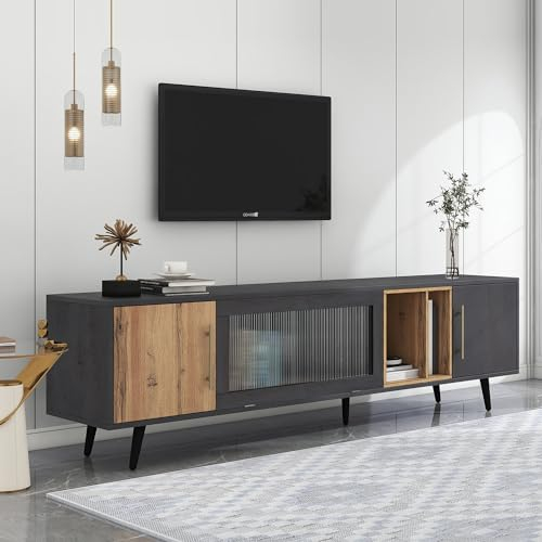 kubeier TV-Schrank - Fernsehtisch bis 90 Zoll, Lowboard für Wohnzimmer 200 cm, Lowboard Schrank TV Tisch Sideboard Kommode, Dunkles Holz, grau und Holzmaserung, Glas in der Mitte