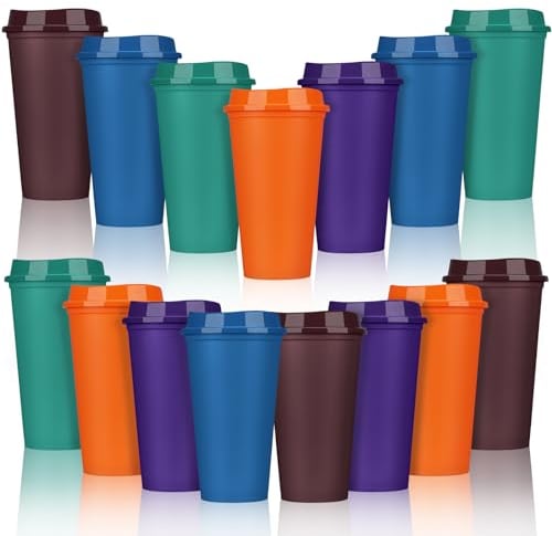 Domensi 15 Pack Reusable Coffee Cups with Lids Bulk 16 oz Travel Mug Plastic Coffee Tumblers for DIY Hot Cold Drink Party Favors Gift Coworker, Microwaveable (Colorful)