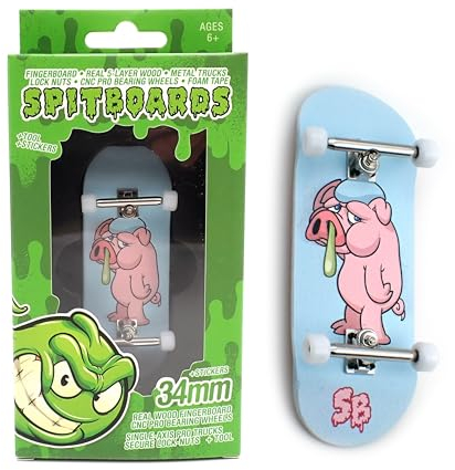 SPITBOARDS 34mm x 96mm Pro Fingerboard Set-Up (Complete) | Real Wood Deck | Pro Trucks with Lock-Nuts and Pro Bushings | Polyurethane Pro Wheels with Bearings | Pig Flue