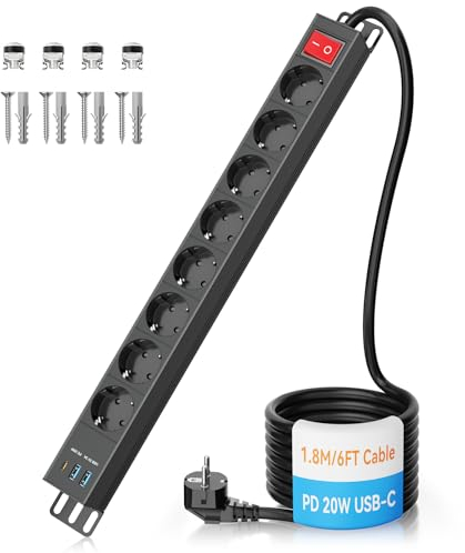 Steckdosenleiste 8 Fach mit USB C PD 20W, Ohuo Steckdosenleiste 8-Fach mit Überspannungsschutz und USB, Mehrfachsteckdose mit Schalter 8fach Wandmontage Schwarz