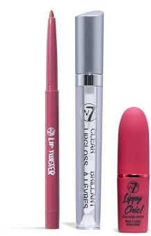 W7 Lip Gloss Wand Set - 3Pcs Set - Lipstick, Lip Liner & Gloss - Pink