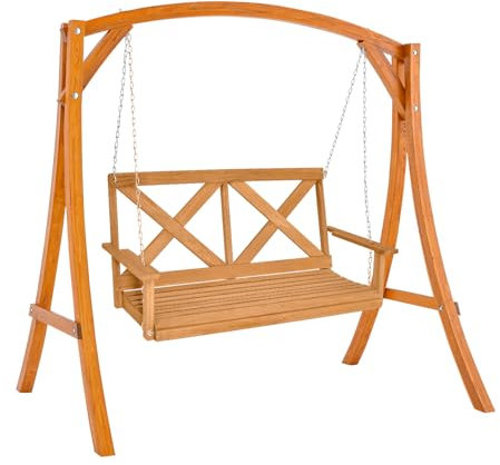 COSTWAY 2 Seater Garden Swing Chair Set, Solid Wood Patio Swing Bench Loveseat Chair with Stand Frame, Outdoor Porch Hanging Swing Seat and Stand for Patio, Garden and Backyard(Swing Chair+Frame)