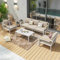 Salon de Jardin Extérieur en Aluminium et Bois Composite 5 places - Beige et Blanc - Ensemble Meuble Salon Complet – 1 Canapé 3 Places – 2 Fauteuils et 1 Table Basse – Coussins Déhoussables - MABILLON