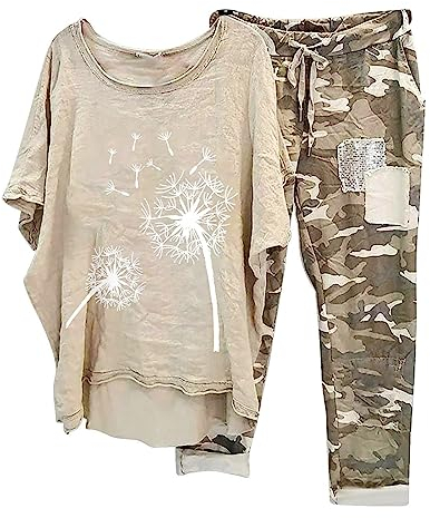 2-Teiliges Leinenanzug Damen Sommer Tshirt Top und Weite Beine Hose Freizeitanzug Casual Baumwolle Hosenanzug Zweiteiler Vintage Sportanzug Tarnung Motive Yoga Outfits Teenager Mädchen Streetwear