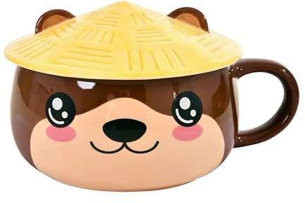 Elbenwald Tasse Kawaii im Otter Design mit Deckel - 450 ml Fassungsvermögen 9 cm Höhe (mit Deckel) - für Anime Fans Keramik Braun
