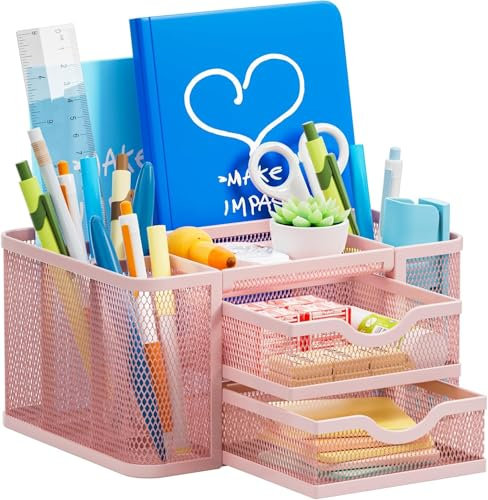 Marbrasse Organizer Scrivania,Multifunzionale Porta Penne da Scrivania,5 Comparti Rete Portaoggetti 2 Cassetti,Portapenne Scrivania,Portapenne per Casa Ufficio(Rosa)