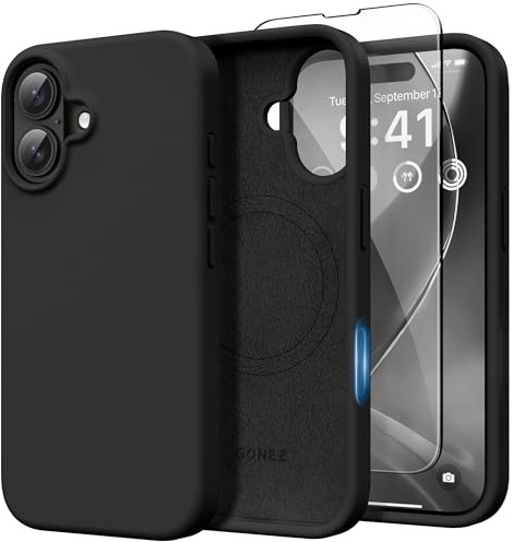 GONEZ für iPhone 16 Hülle Silikon 6,1 Zoll & Displayschutz, [MagSafe-kompatibel] dünne Handyhülle aus Flüssigsilikon, Kratzfeste und stoßfeste, Mikrofaserfutter Schutz Case, Schwarz