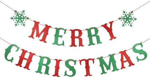 VIKY Merry Christmas Girlande Rot Grün,Weihnachten Deko Schneeflocken BannerMerry Christmas Deko Weihnachten Girlanden,Weihnachtsdeko Hängend Deko für Neues Jahr Silvester Party,Weinachtsdekorationen