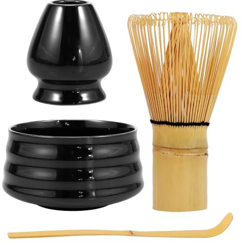 4Pcs Matcha Whisk Set, Matcha Tea Set, Reusable Matcha Making Kit with 600ml Ceramic Matcha Bowl, Matcha Whisk and Scoop, Whisk Holder for Tea Lovers (Black(A))