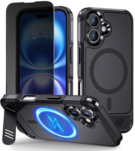 Lanhiem Magnetic for iPhone 16 Case with Privacy Screen Protector, Kickstand Case for iPhone 16 Military Grade Shockproof Protective Phone Cover Compatible with MagSafe for iPhone 16 (Black)