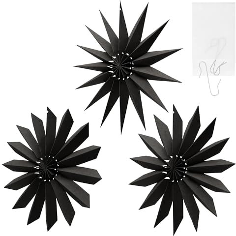 SKONIDA Papiersterne 3er-Set zum Aufhängen – Origami Weihnachtsstern Hängedeko – nordische Dekosterne schwarz – Fensterdeko Faltstern – Weihnachtsdeko-Stern Ø 12 cm mit Metall-Haken (Schwarz)