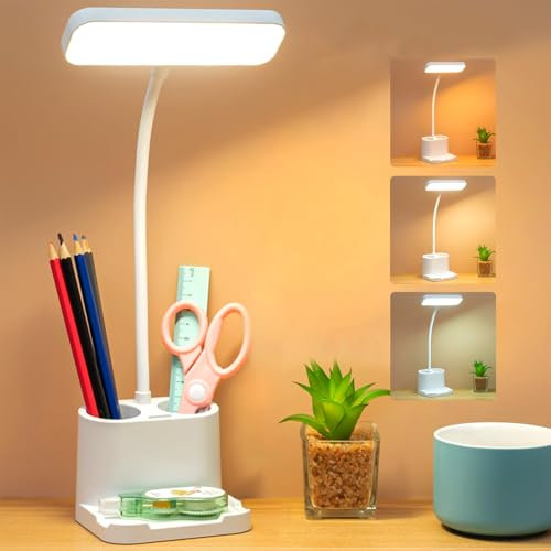 Lampe de Bureau LED, USB Lampe de Bureau pour Enfants Rechargeable avec Porte-Stylo et Support pour Téléphone Portable, 3 Modes d’éclairage et 3 Luminosité Réglable, Col de Cygne Flexible