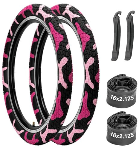 Fahrradreifen 16x2.125 2er Pack mit Schläuchen & Hebeln - Kompatibel mit Kinderfahrrad, BMX, MTB, Mountainbike - Camo Pink Design, Dickes Gummi, Pannenschutz, Ersatzreifen & Innenschläuche