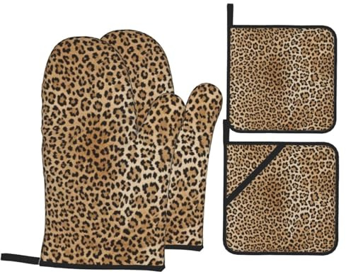 4 Pcs Leopard Skin Oven Mitts and Potholders,Kitchen Oven Glove with Pot Holders,Non-Slip Gloves High Heat Resistant 500 Degree for BBQ, Grill, Baking, Cooking, Oven, Microwave