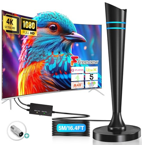 High-Gain TV Antenna, Indoor TV Aerial with 560+ Miles Long Range & Strong Signal Booster, Freeview Arial for 4K 1080P HD Local Channels with 16.4FT Coax Cable & Magnetic Base