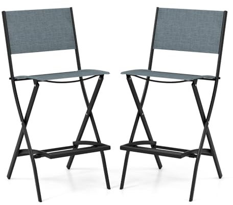 COSTWAY 2er Set Outdoor Barhocker, klappbare Barstühle mit Rückenlehne und Fußstütze, Tresenhocker bis zu 150 kg belastbar, Sitzhöhe 71 cm, Gartenstühle für Balkon, Garten & Poolbereich, Blau