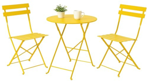 SAYA KIJI Indoor/Outdoor 3-teiliges klappbares Bistro-Set, klappbare Outdoor-Patio-Möbel, 2 Stühle und 1 Tisch, wetterfestes Outdoor/Indoor-Konversationsset für die Terrasse (Gelb)
