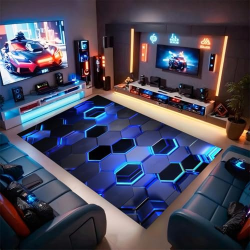 PEIHUODAN Gaming-Teppiche Für Jungenzimmer, Coole Teppiche Mit Neonfarbenem Wabenmuster, rutschfeste Teppiche Für Kinderzimmer, Dekoration Für Gaming-Zimmer (Blau,140x200cm)